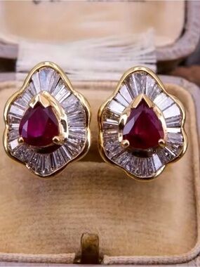 Vintage Teardrop Ruby & baguette Sapphire Halo 18k Gold Filled Stud Earrings